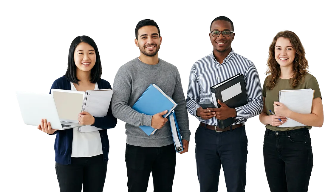 Four smiling Ascendra students holding laptops and notebooks