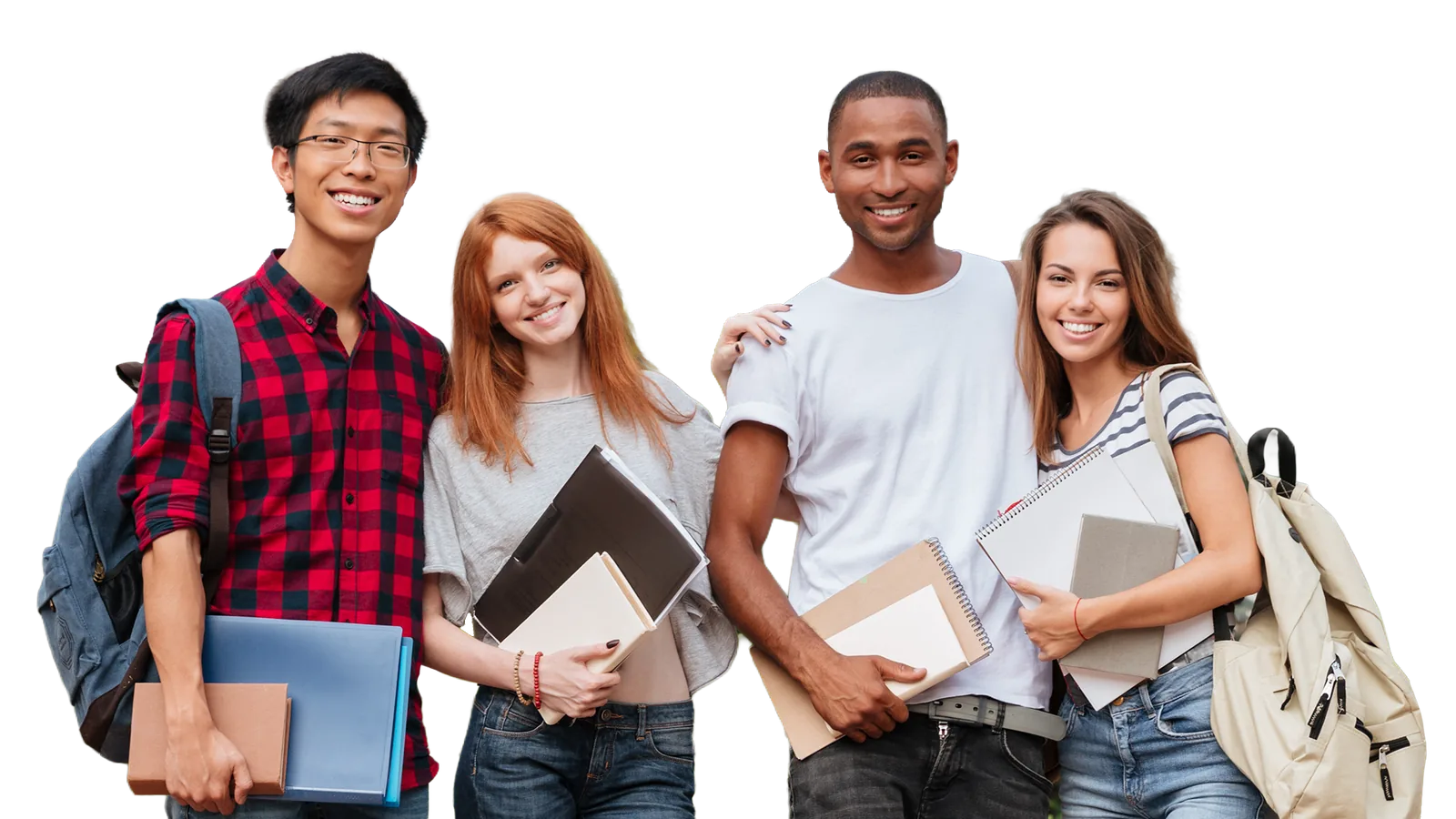 Four smiling Ascendra students holding laptops, notebooks and backpacks