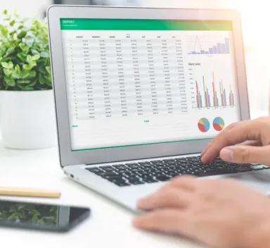 Close-up of hands working through a bookkeeping spreadsheet and charts in accounting software on a laptop